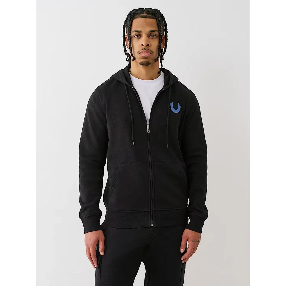True Religion‎ Studded Retro Logo Zip Black Hoodie Size Large Exclusive